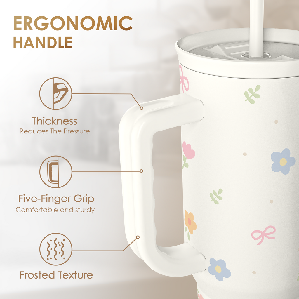 Floral 40oz Slider Tumbler with Handle and Straw - Insulated Stainless Steel Travel Coffee Mug for Women Girls, Gift for Birthday Christmas