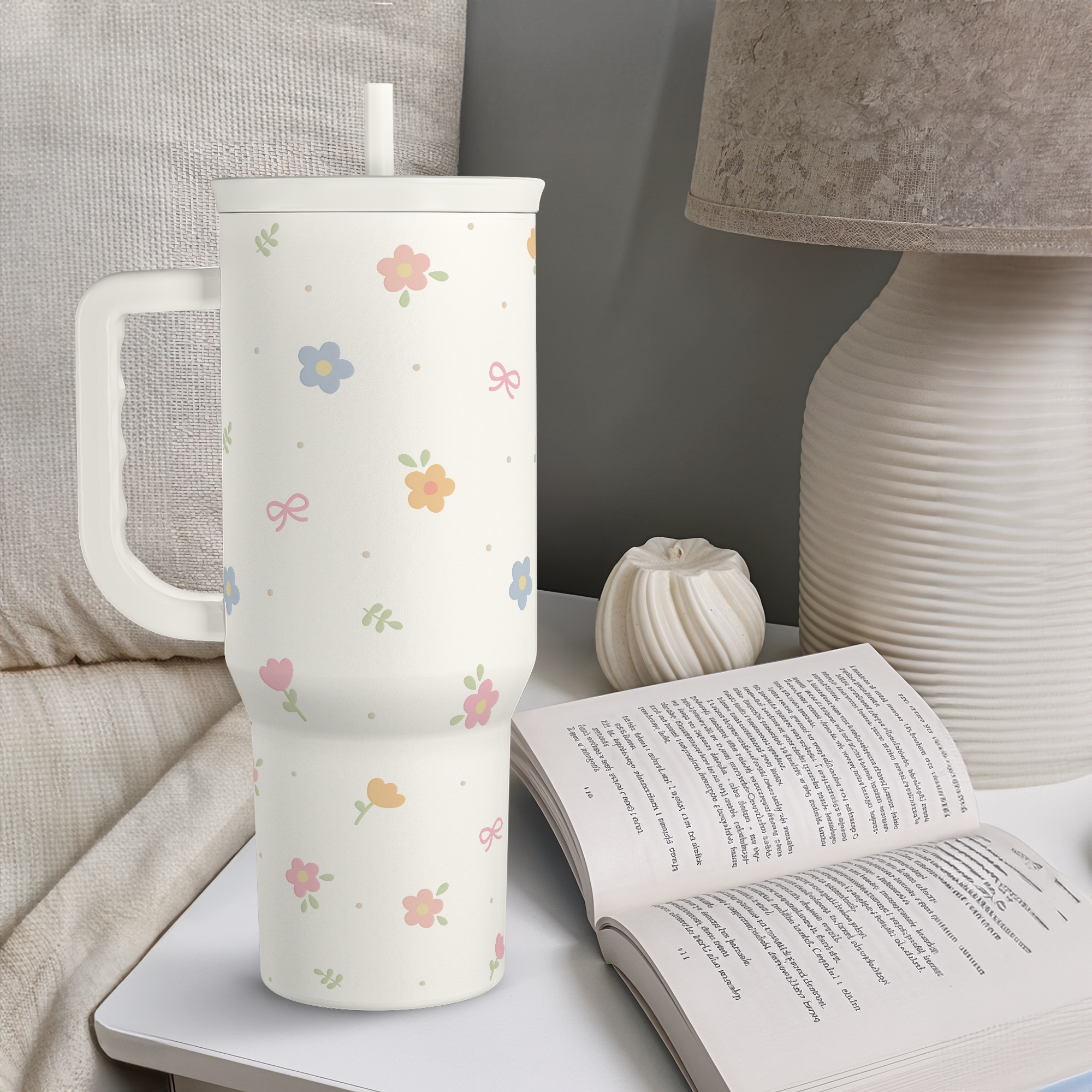 Floral 40oz Slider Tumbler with Handle and Straw - Insulated Stainless Steel Travel Coffee Mug for Women Girls, Gift for Birthday Christmas