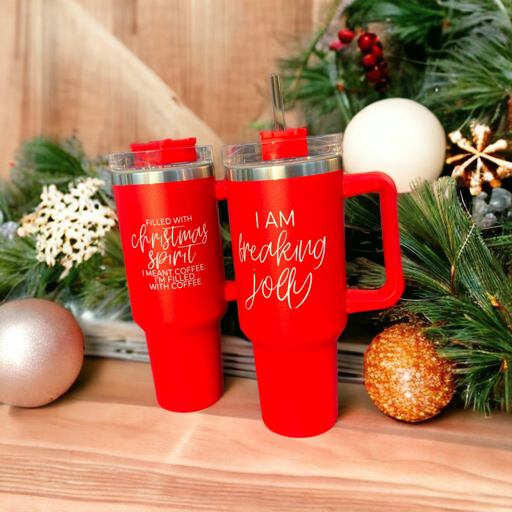Christmas 40oz Insulated Tumbler Cup With Handle, Lid and Straw - Coffee Mug