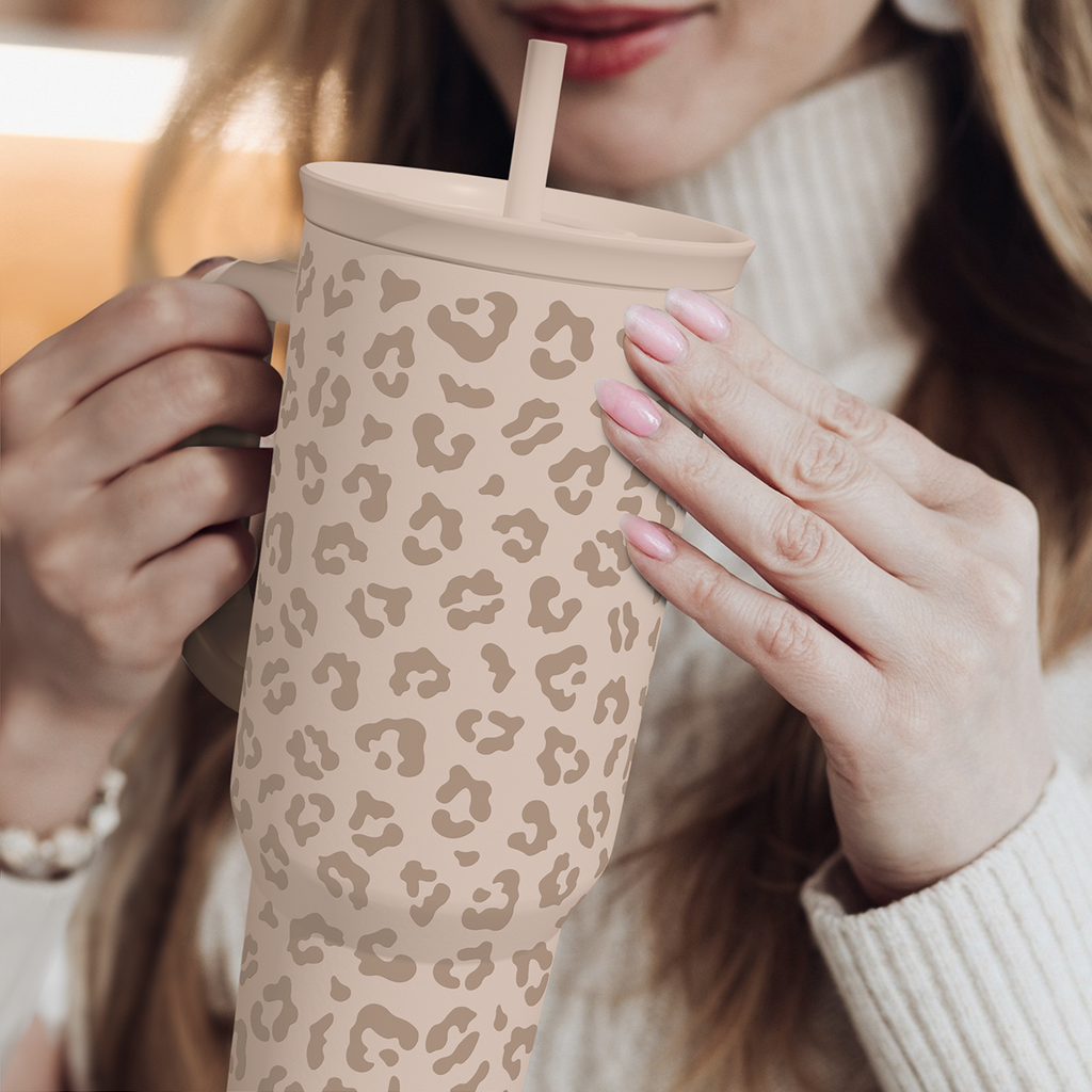 Leopard Tumbler with Handle, Insulated Cup Stainless Steel Travel Mug Cup, Gifts for Women Girl on Birthday Christmas, Tan Leopard, 40oz