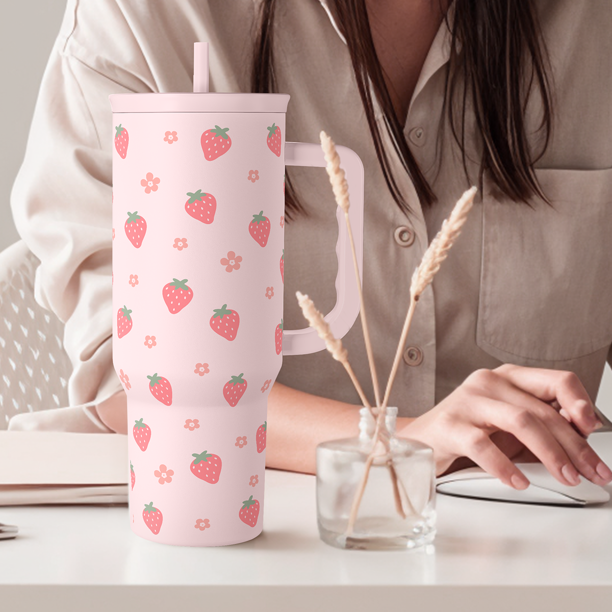 Strawberry Tumbler with Handle 40oz ?C Insulated Stainless Steel Travel Coffee Mug Cup for Girls Women, Gift for Christmas, Birthday