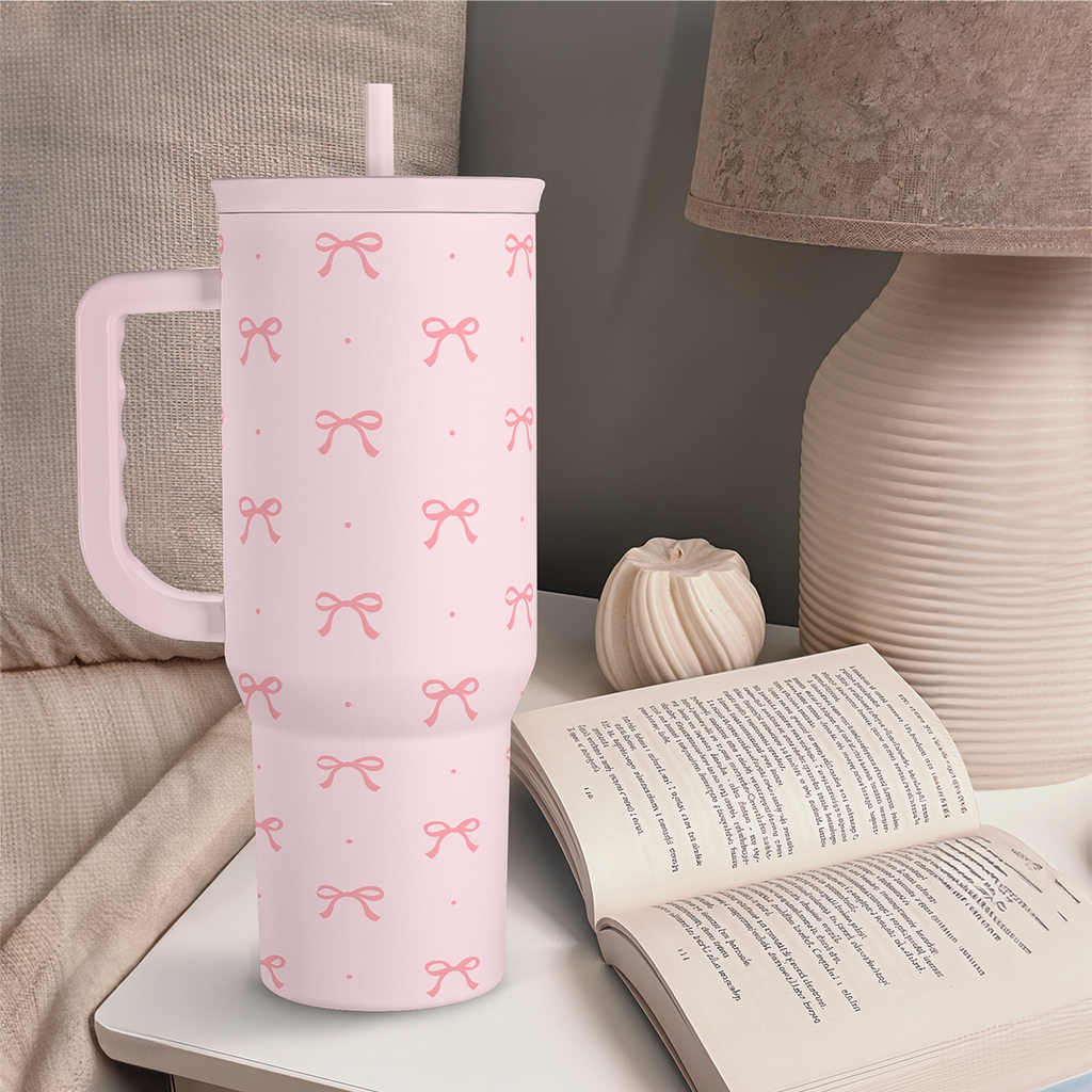 Gift for Women Girls - Coquette Bow Stainless Steel Tumbler with Handle, Travel Coffee Mug - Gifts for Birthday Christmas, 40oz